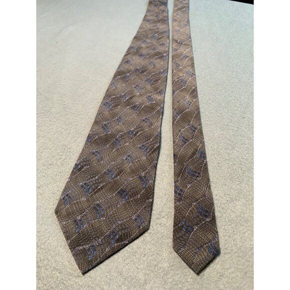 Van Heusen Silk Necktie Tie Brown and Blue Geometric Pattern Mens - Picture 5 of 5